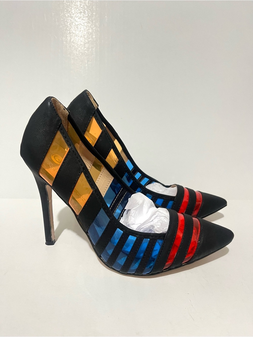 Chase & Chloe Women's Black Pointed-Toe Strappy Heels with Red & Blue Accents